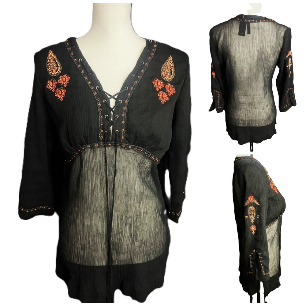 Y2k Black Sheer Babydoll Tunic Blouse L Beads Lace-up Whimsigoth Fairygoth Boho